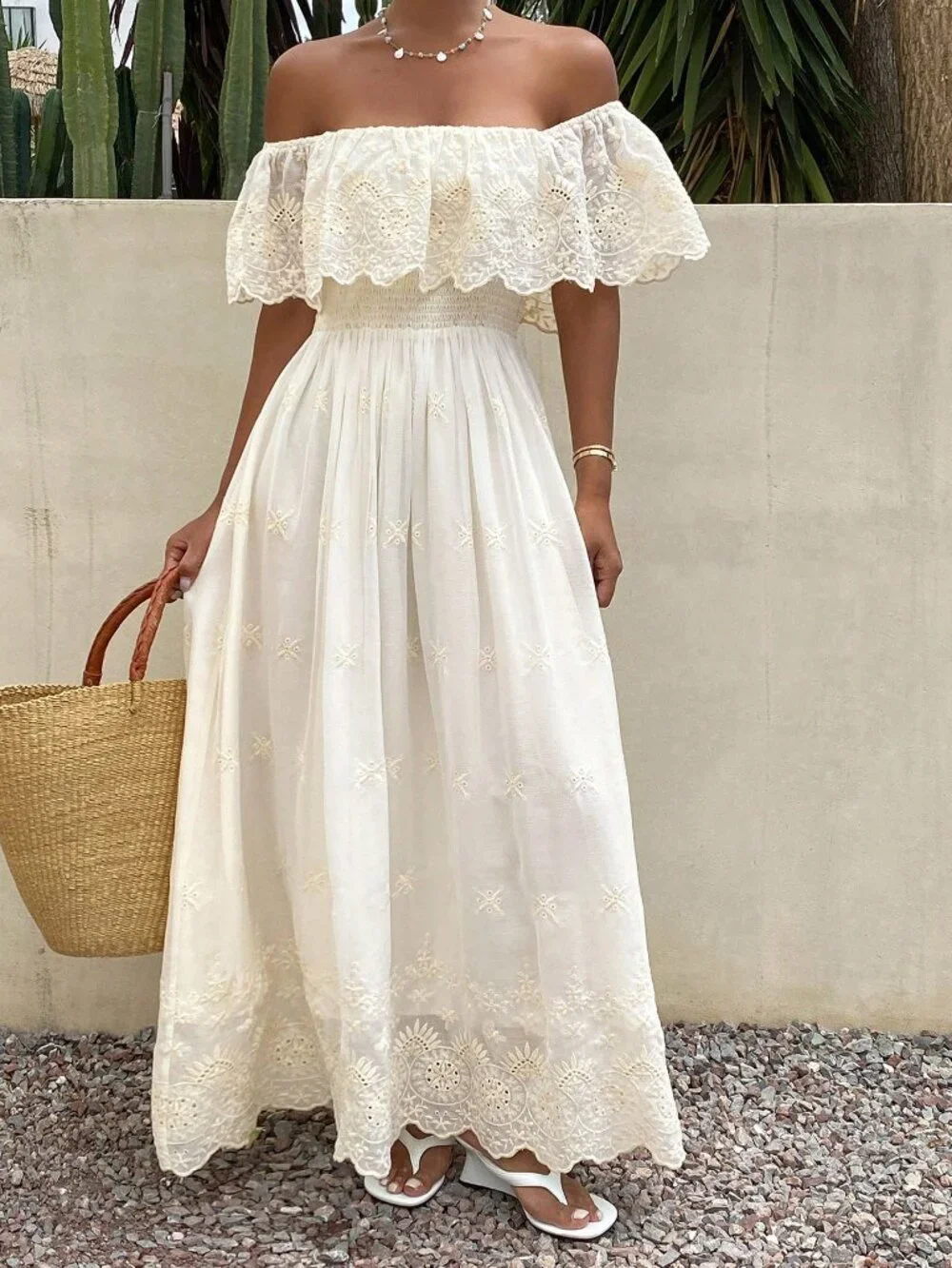 Apricot Boho Women's Vacation Embroidered Off-Shoulder Ruffle Sundress - Picture 5 of 7